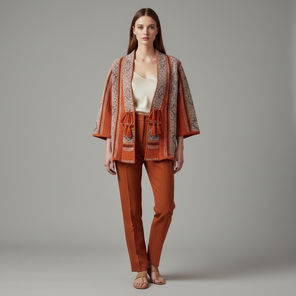 STONE ROW Womens Orange Geometric Pattern Kimono‎ Cardigan Tassel Tie Size S